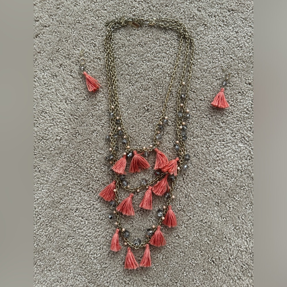 Coral tassel three in one necklace and earrings set